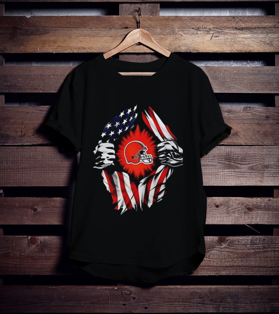 Cleveland Browns Super Man Skull Cap Backwards American Flag Ripped T-Shirt