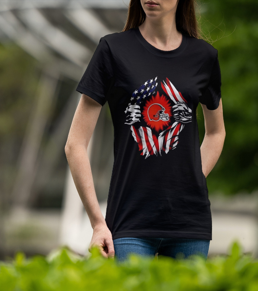 Cleveland Browns Super Man Skull Cap Backwards American Flag Ripped T-Shirt