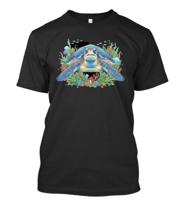Sea Turtle With Coral Reef Red Mushroom And Starfish Underwater Scene T-Shirt