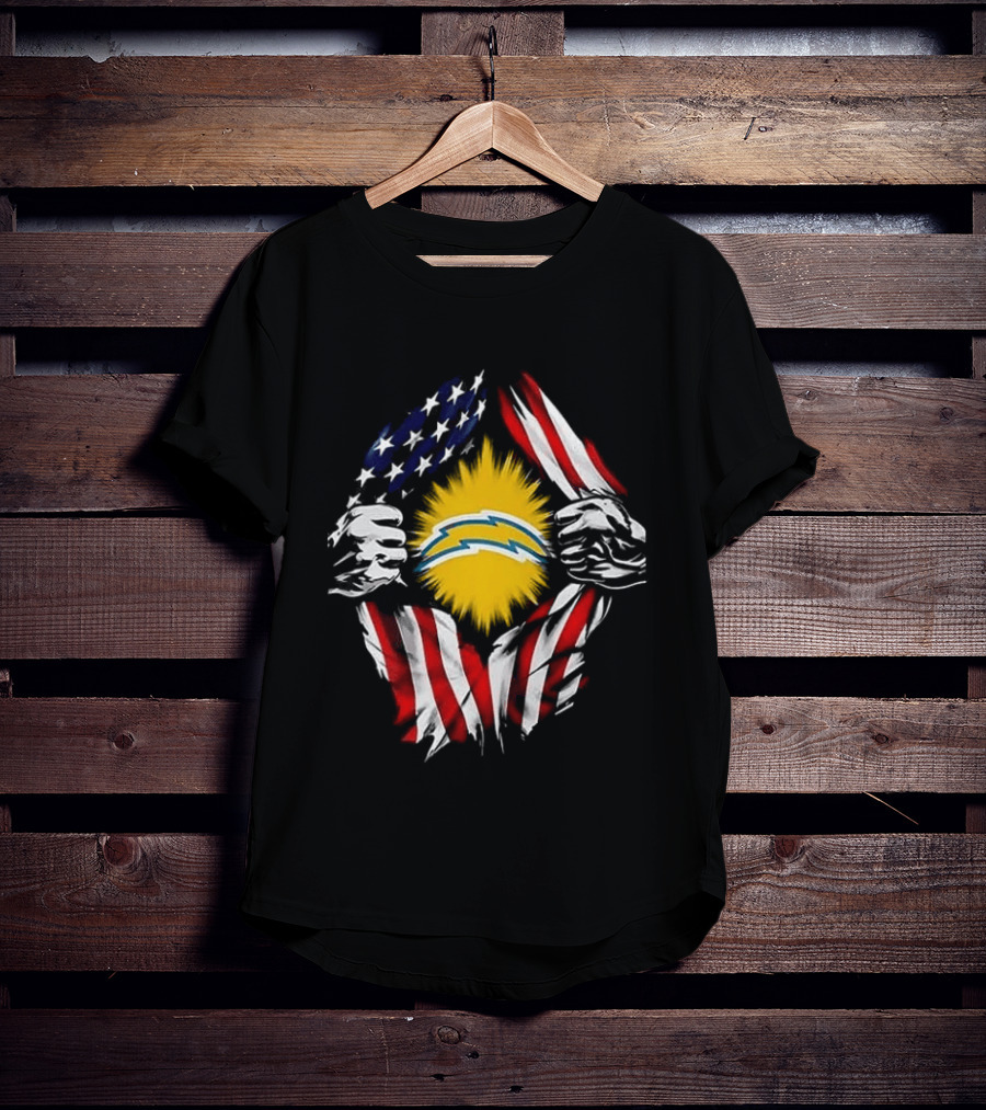 Los Angeles Chargers Superman Skull Cap Backwards USA Flag Power T-Shirt