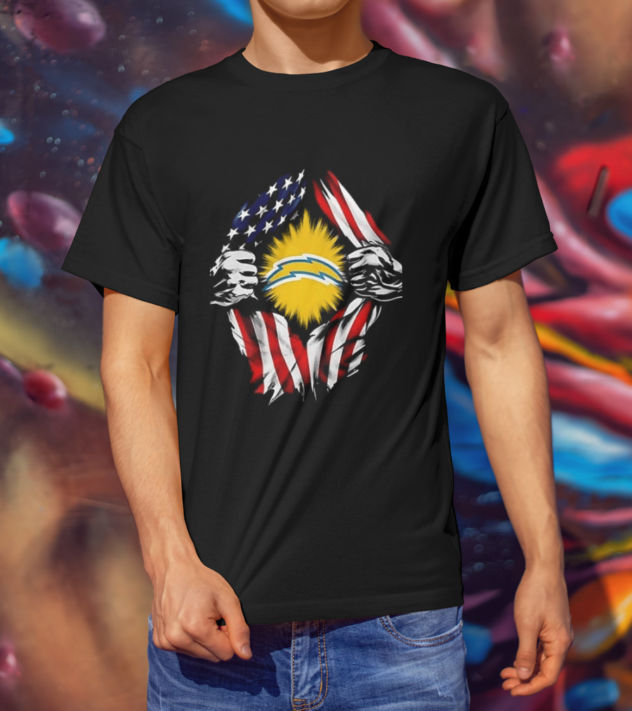 Los Angeles Chargers Superman Skull Cap Backwards USA Flag Power T-Shirt