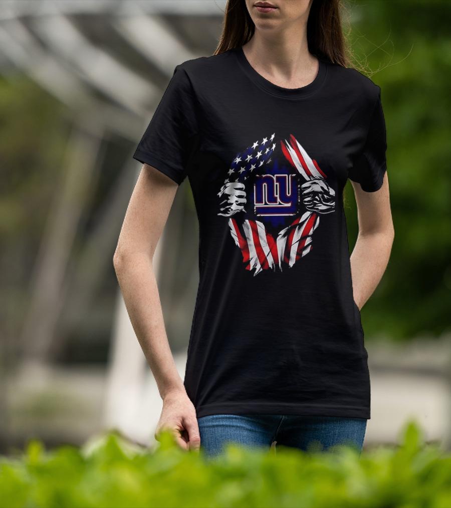 New York Giants American Flag Rip Super Man X Skull Cap Backwards T-Shirt
