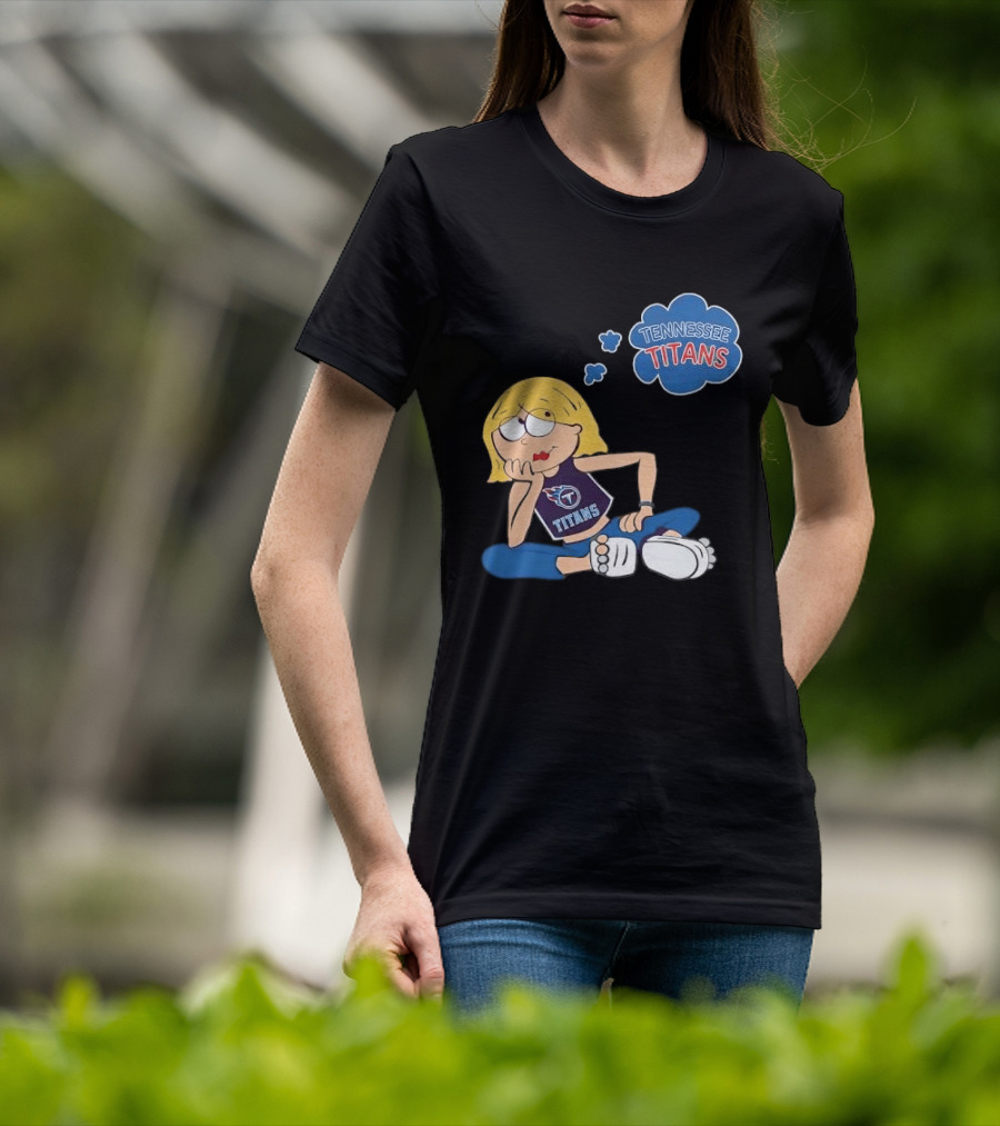 Tennessee Titans Blonde Cartoon Girl Sitting Thinking Thought Bubble Titans T-Shirt