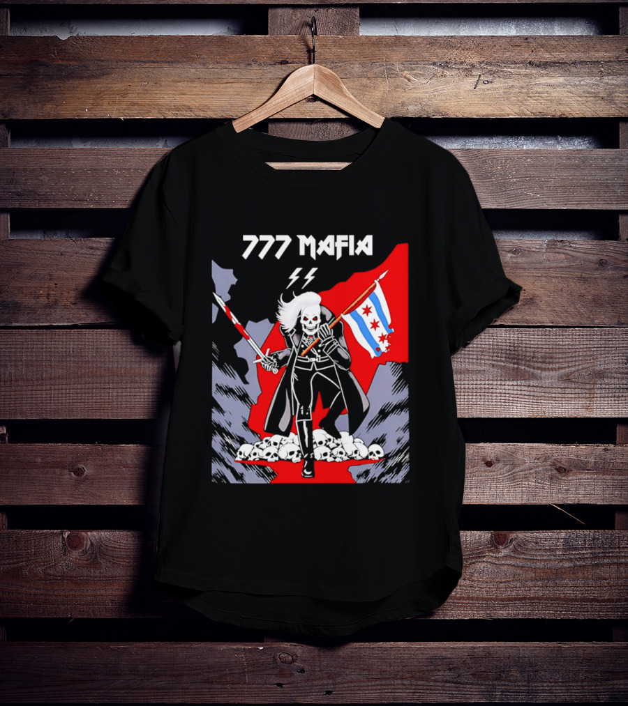 777 Mafia Chicago Flag Skeleton Skull T-Shirt