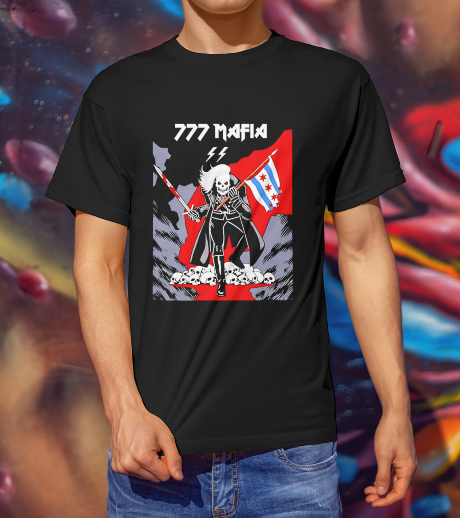 777 Mafia Chicago Flag Skeleton Skull T-Shirt