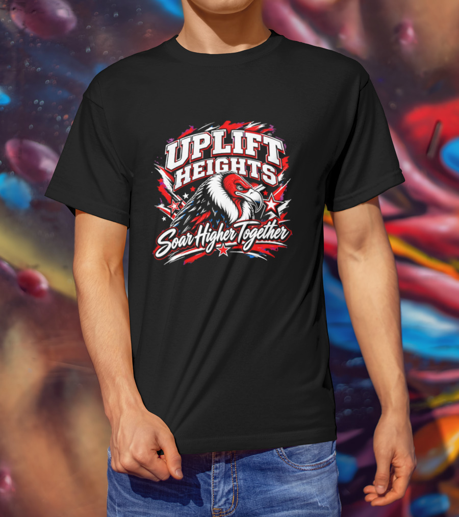 Uplift Heights Soar Higher Together Vulture Head Red Face Stars T-Shirt