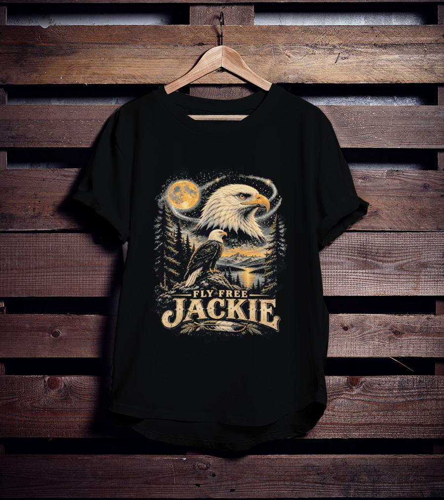 Fly Free Jackie Bald Eagle Scenic Tribute Moonlit Forest Landscape T-Shirt