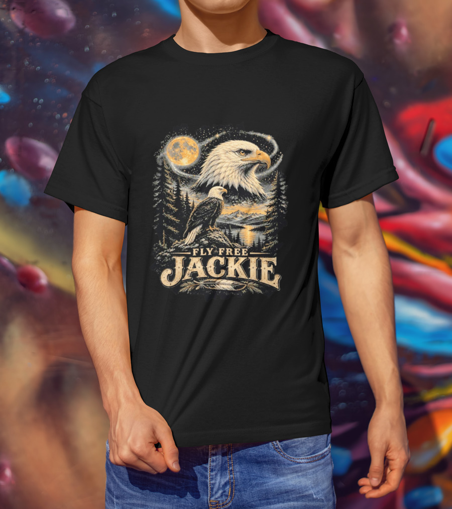 Fly Free Jackie Bald Eagle Scenic Tribute Moonlit Forest Landscape T-Shirt