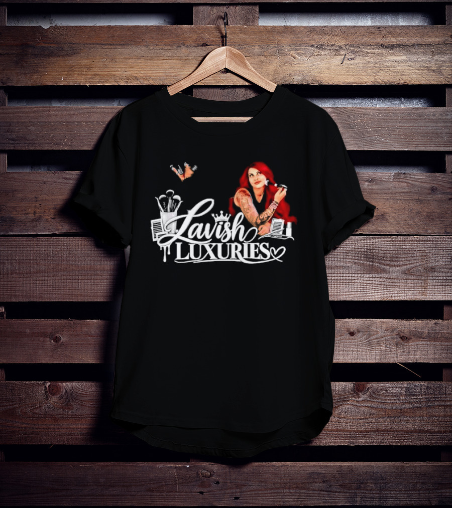 Lavish Luxuries Tattooed Red Hair Woman Makeup Brushes Lash Trays T-Shirt