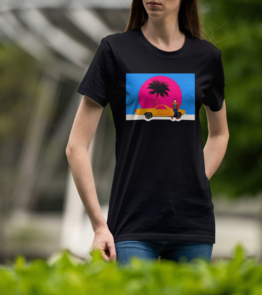 Yellow Car Palm Tree Retro Sunset Aesthetic T-Shirt
