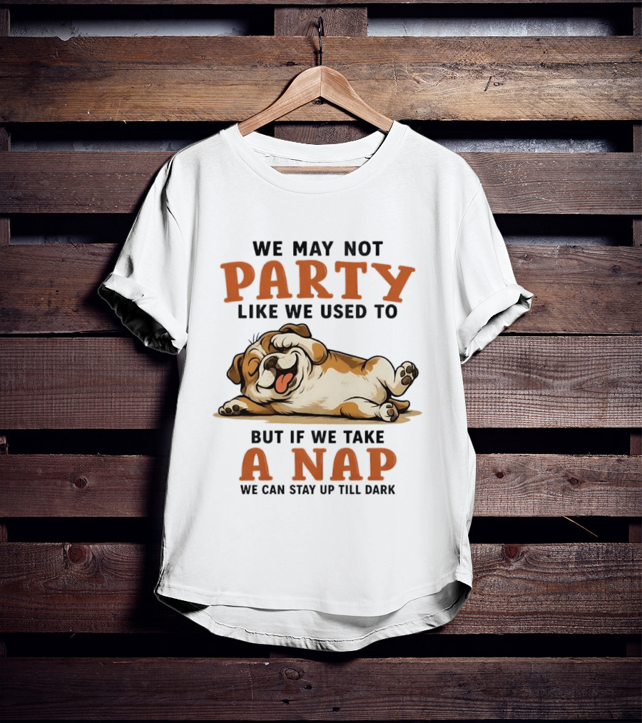 We May Not Party Like We Used To But If We Take A Nap We Can Stay Up Till Dark Cartoon Bulldog Lying Down T-Shirt