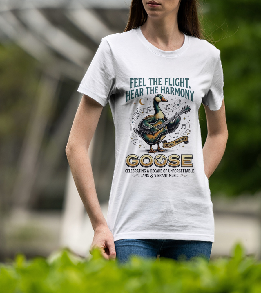 Goose Feel The Flight Hear The Harmony Cosmic Journey Celebrating A Decade Of Unforgettable Jams And Vibrant Music Moon Guitar Notes T-Shirt