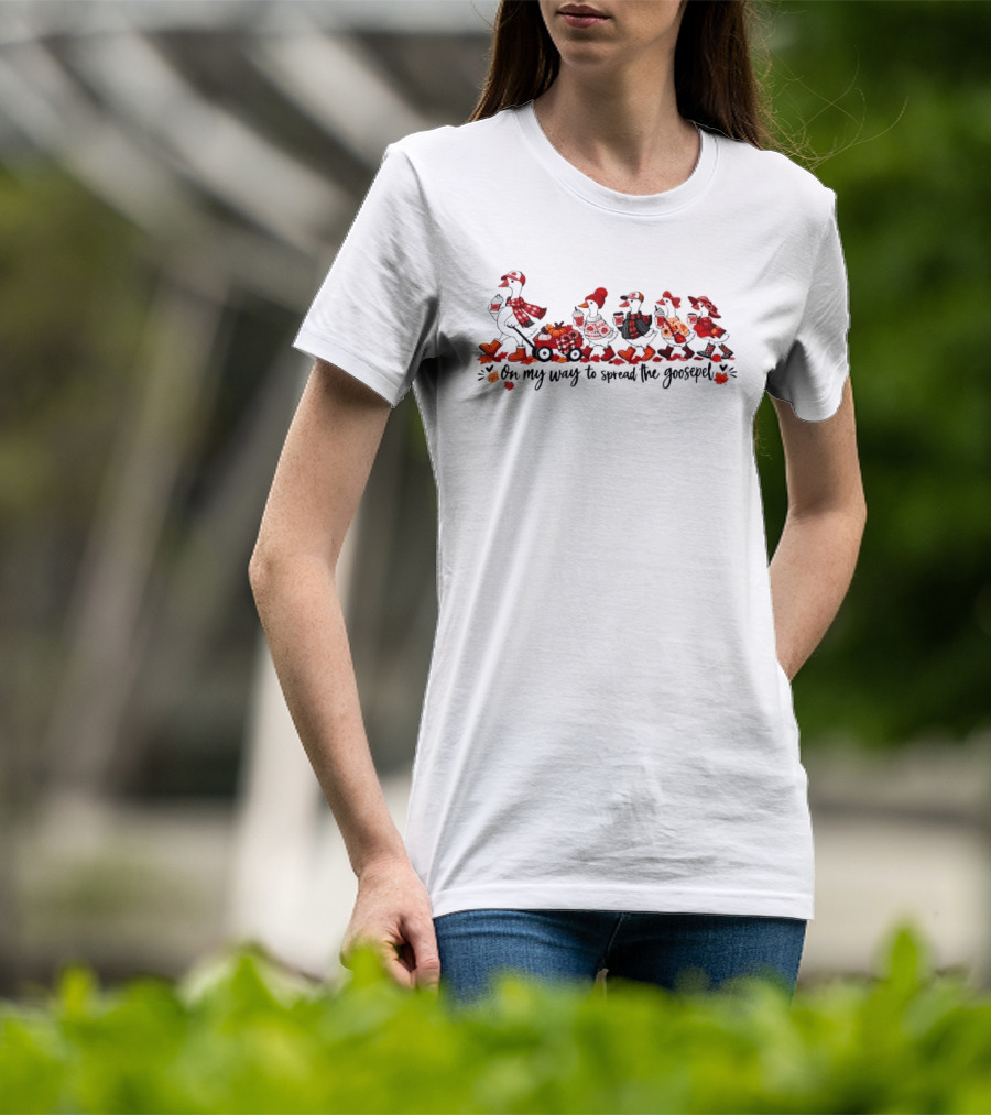 On My Way To Spread The Goosepel Cartoon Geese Pulling Red Wagon Pumpkins Coffee Leaves Autumn Clothing T-Shirt