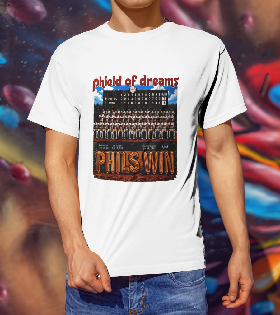 Philadelphia Phillies Phield Of Dreams Phils Win Twins Scoreboard Aaron Nola Tuf Hualcy Kyle Sohnharser 7163 Attendance T-Shirt