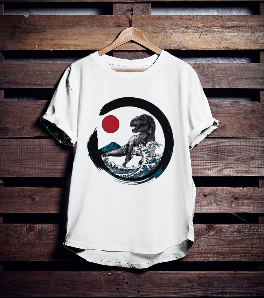 Tyrannosaurus Rex Riding Great Wave With Mount Fuji Enso And Red Sun T-Shirt