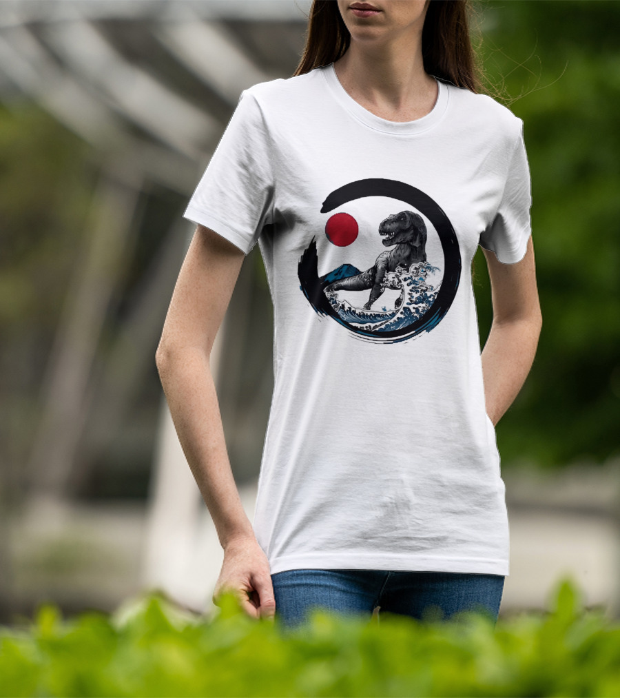 Tyrannosaurus Rex Riding Great Wave With Mount Fuji Enso And Red Sun T-Shirt