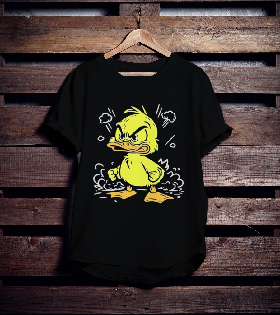 Angry Yellow Duckling Clenched Fists Smoke Clouds Cartoon Line T-Shirt