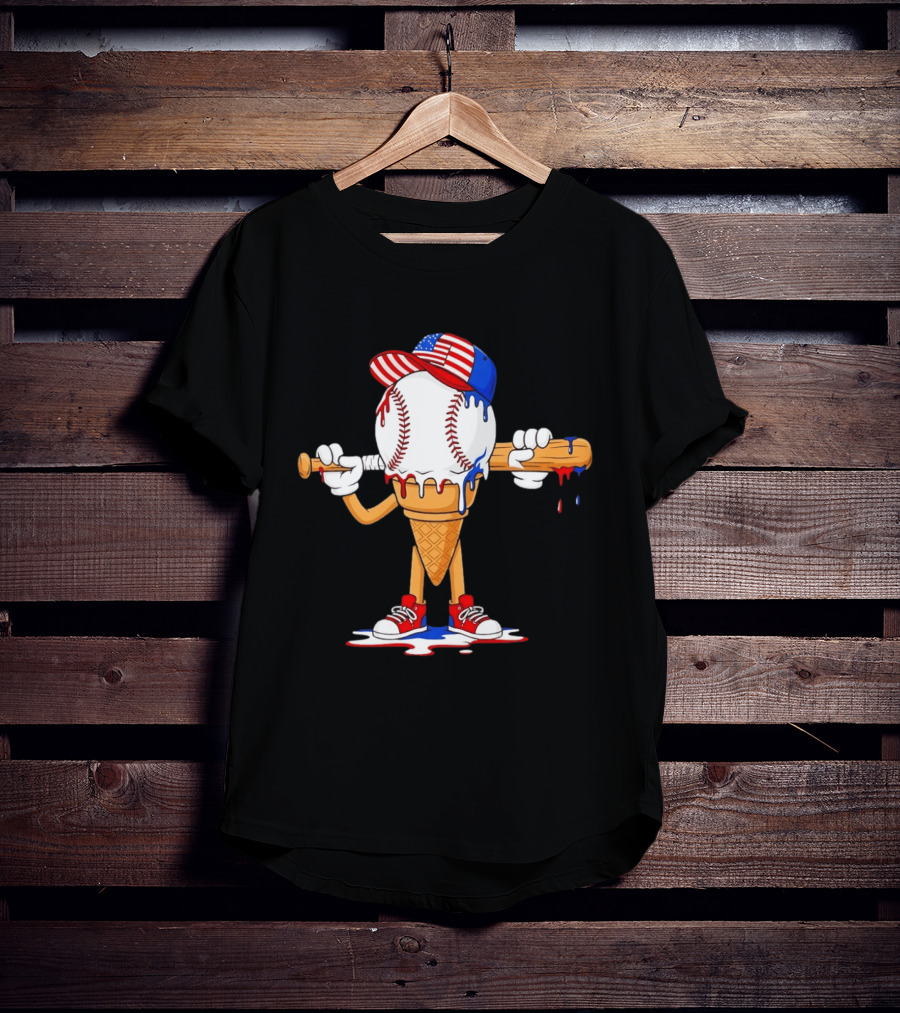 Patriotic Ice Cream Baseball Cone USA Flag Cap And Bat T-Shirt