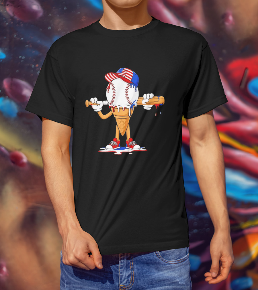 Patriotic Ice Cream Baseball Cone USA Flag Cap And Bat T-Shirt