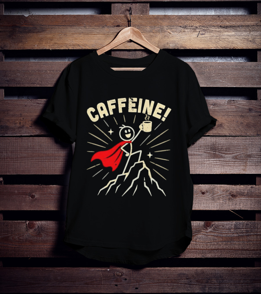 Caffeine Distressed Stick Figure Superhero Holding Coffee On Mountain Peak T-Shirt