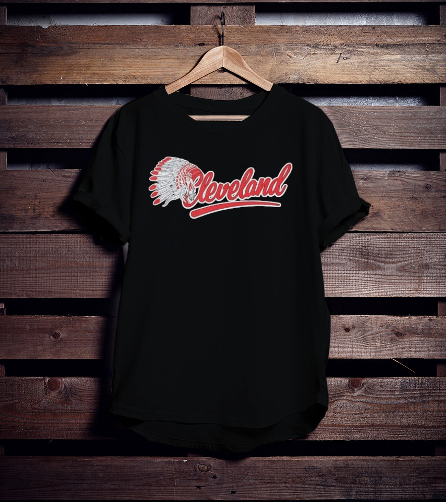 Cleveland Native American Feather Headdress Distressed Script T-Shirt