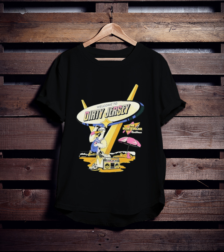 Philadelphia 76ers Welcome To Dirty Jersey Blue Collar Caribbean Cartoon Seagull Beach Boombox T-Shirt