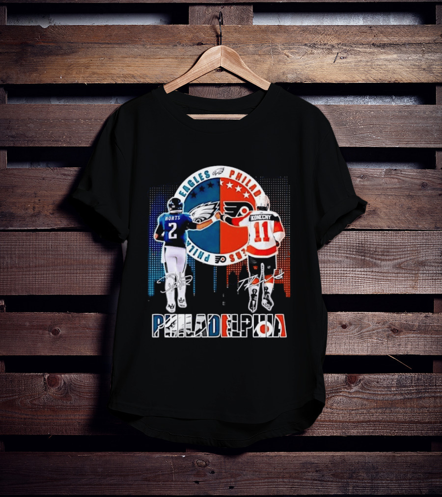 Philadelphia Eagles Flyers Hurts Konecny Fist Bump Split Crest Skyline T-Shirt