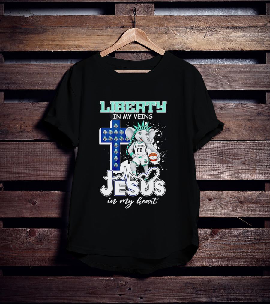 Liberty In My Veins Jesus In My Heart New York Liberty Elephant Basketball Cross T-Shirt
