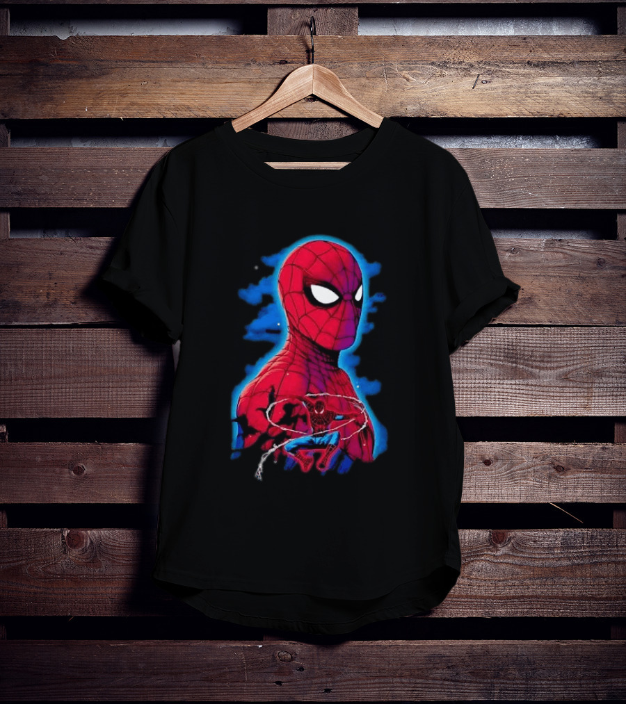Marvel Spider Man Bust Crouching Web Action Silhouette Clouds T-Shirt