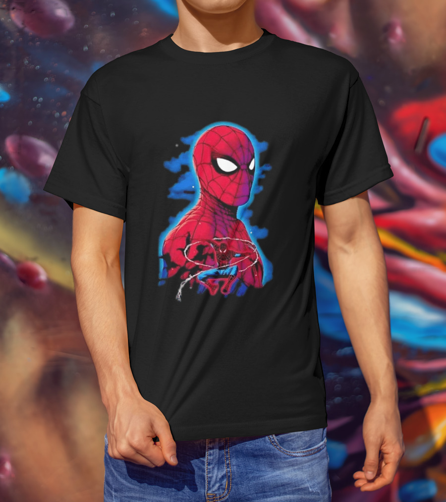 Marvel Spider Man Bust Crouching Web Action Silhouette Clouds T-Shirt