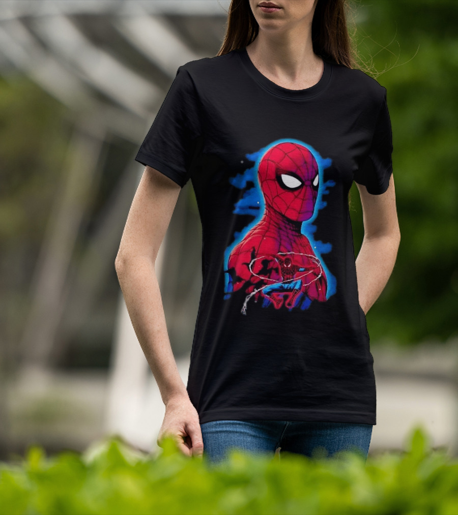 Marvel Spider Man Bust Crouching Web Action Silhouette Clouds T-Shirt