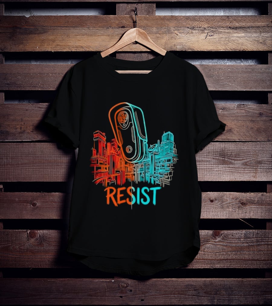 Resist Surveillance Neon City Skyline Security Camera T-Shirt