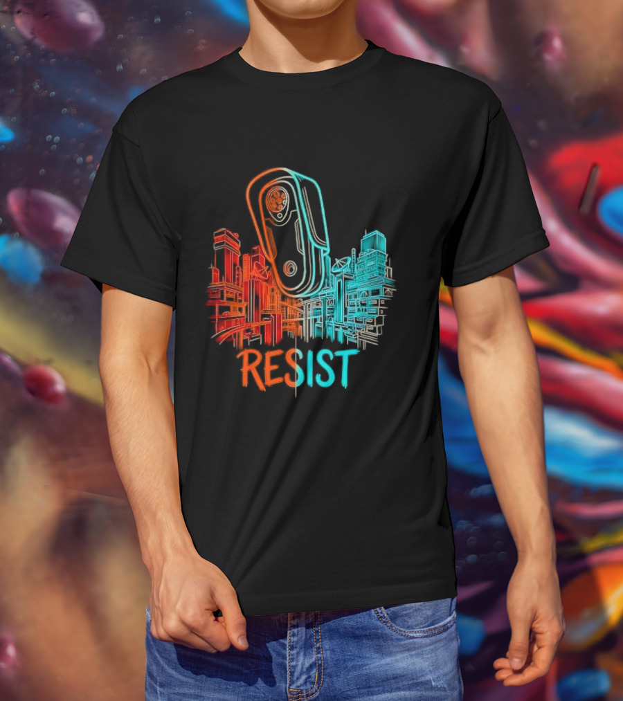 Resist Surveillance Neon City Skyline Security Camera T-Shirt