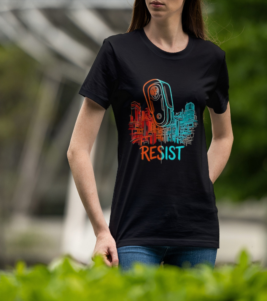 Resist Surveillance Neon City Skyline Security Camera T-Shirt