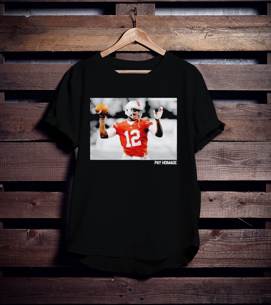 Ohio State Buckeyes Quarterback Number 12 Throwing Football Selective Color Pay Homage T-Shirt