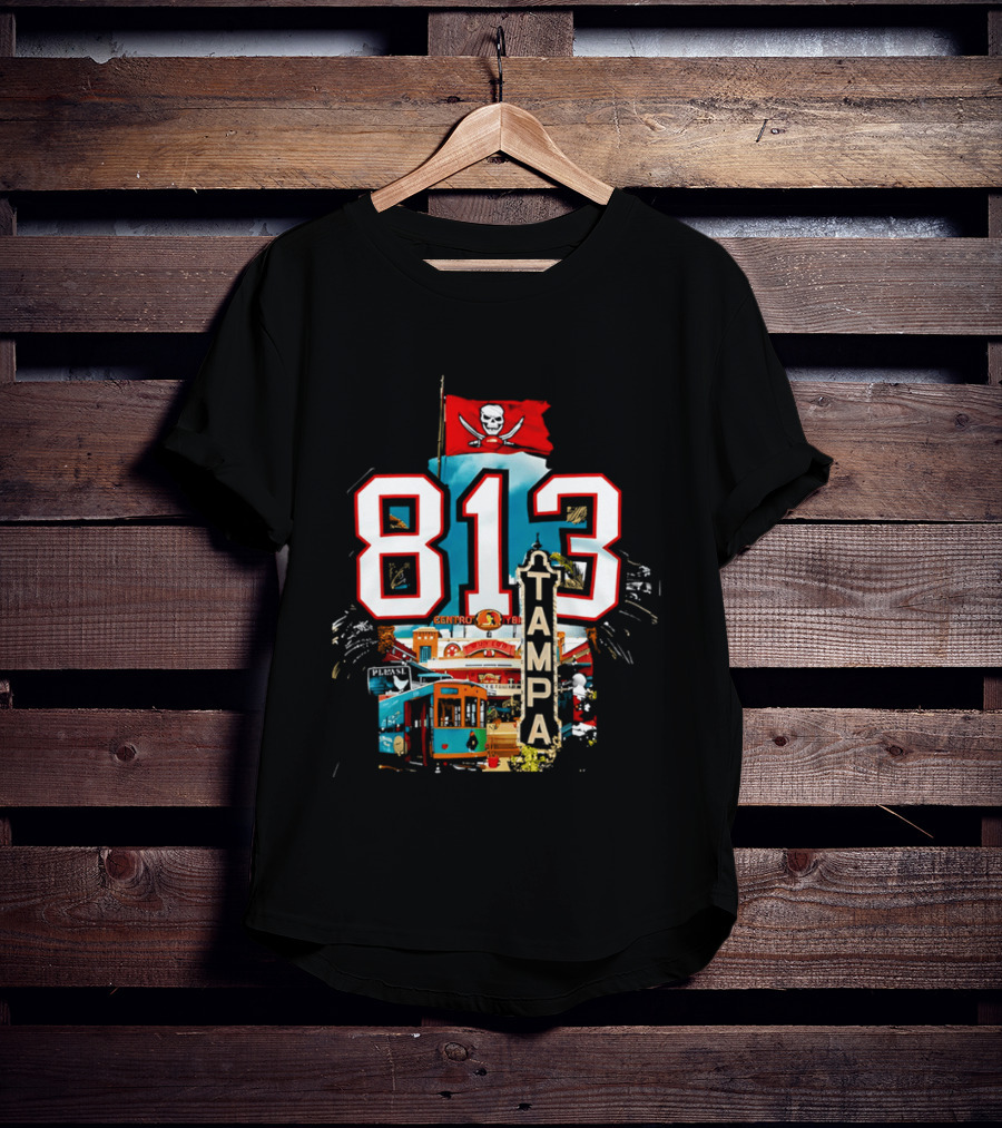 Tampa Bay Buccaneers 813 Day Celebration With Pirate Flag And Tampa Landmarks T-Shirt