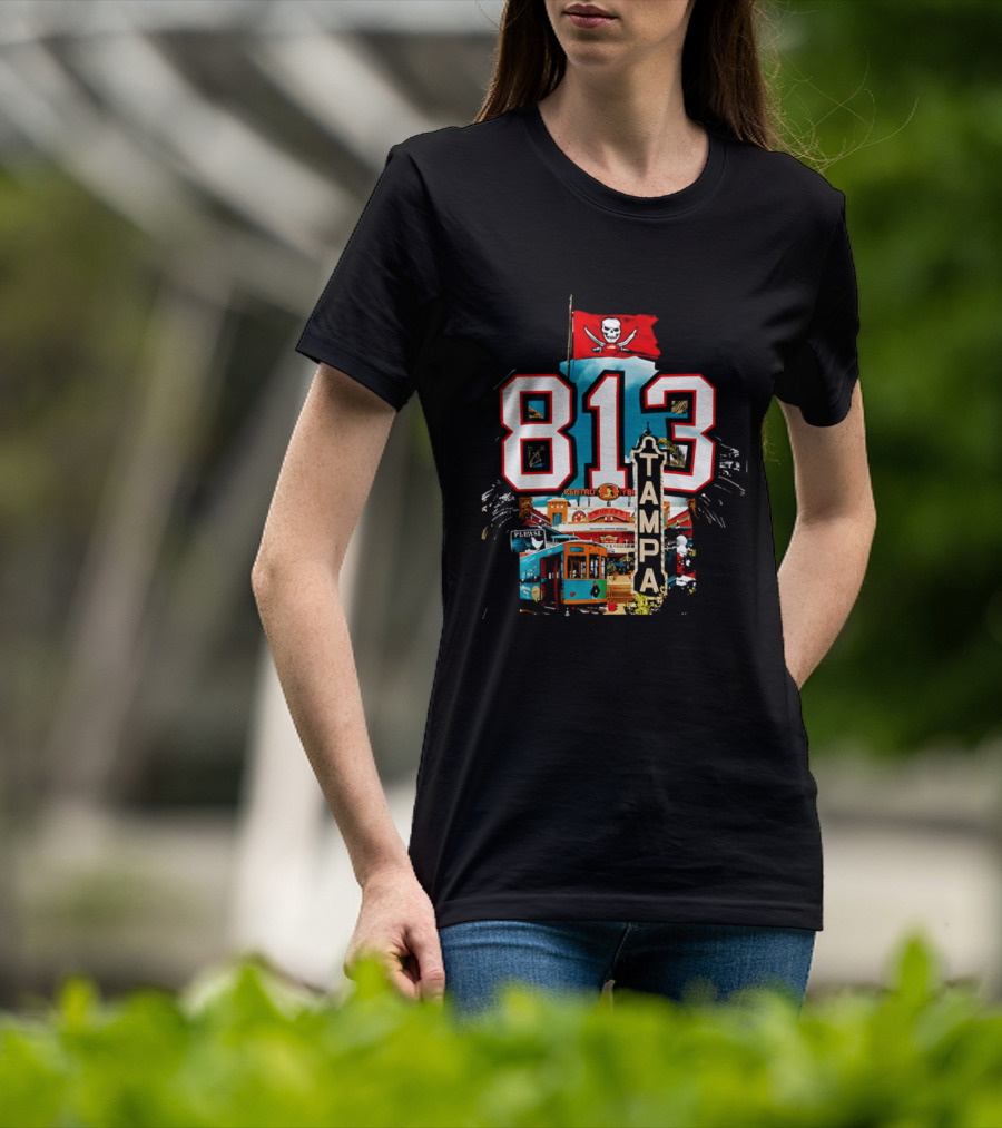 Tampa Bay Buccaneers 813 Day Celebration With Pirate Flag And Tampa Landmarks T-Shirt