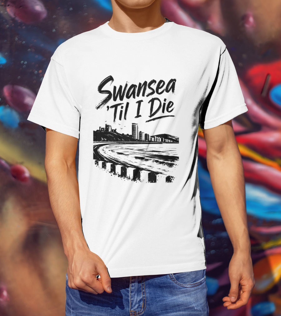 Swansea 'Til I Die Swansea Cityscape Coastal Skyline T-Shirt