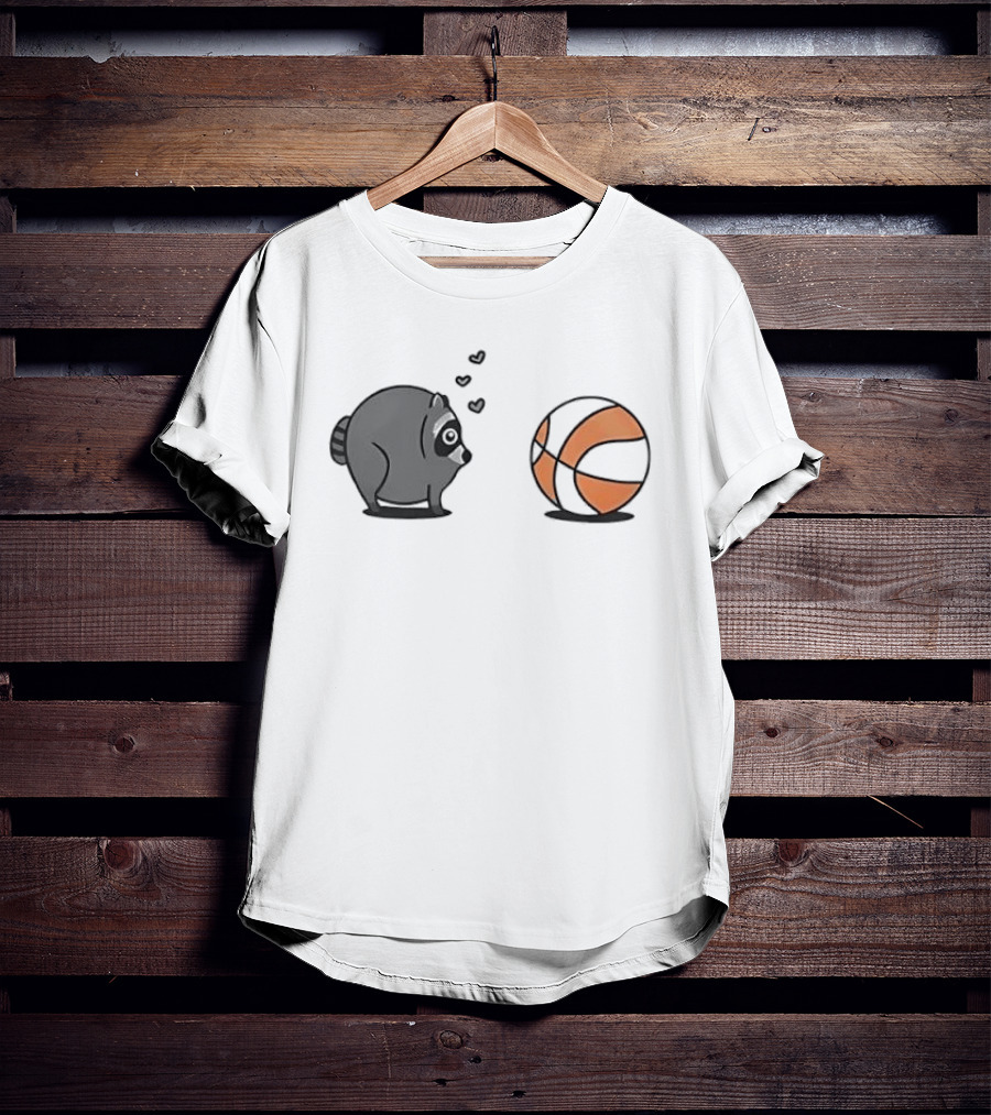 Chubby Cartoon Raccoon Admiring Basketball With Pink Hearts T-Shirt