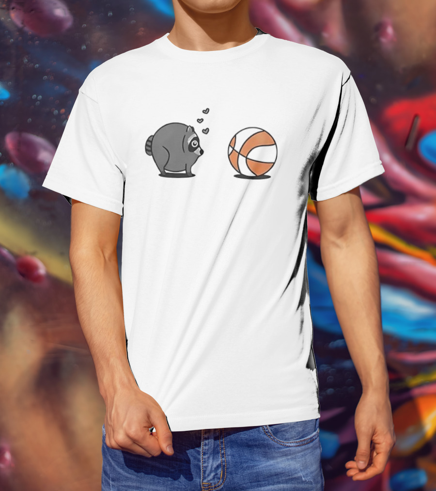 Chubby Cartoon Raccoon Admiring Basketball With Pink Hearts T-Shirt