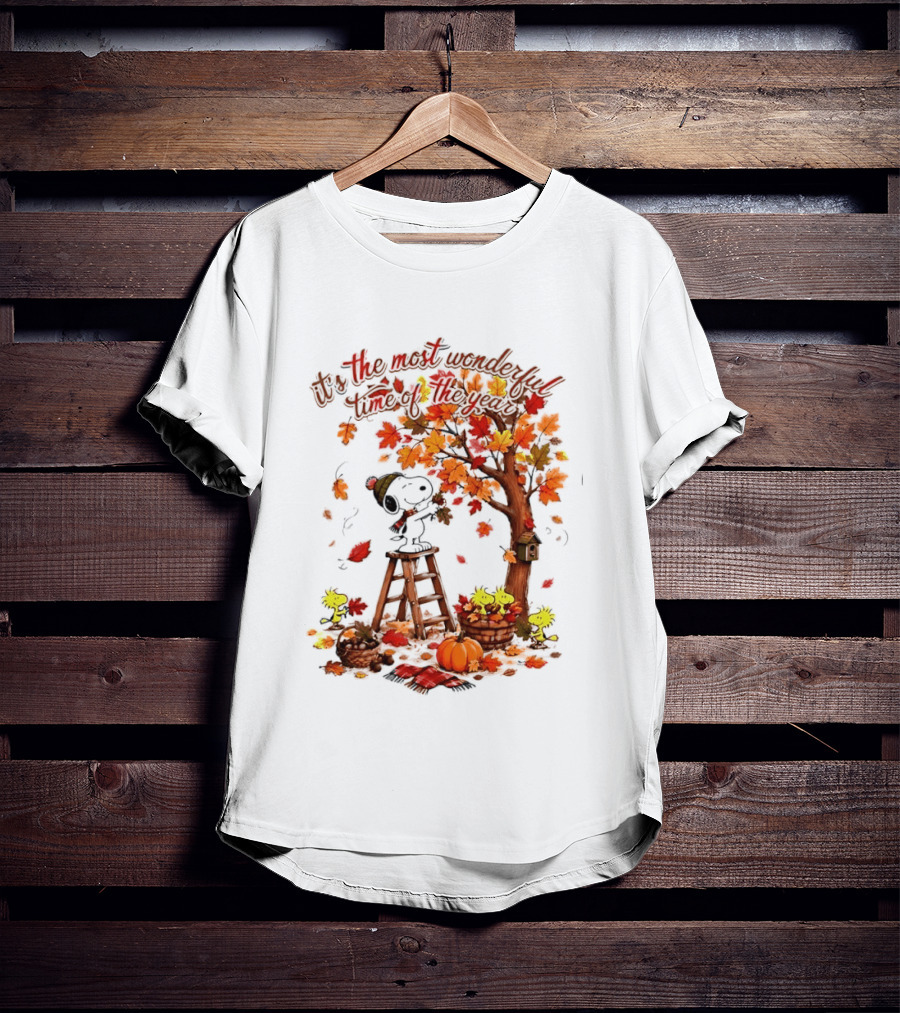 Snoopy It's The Most Wonderful Time Of The Year Autumn Tree Pumpkin Woodstock T-Shirt