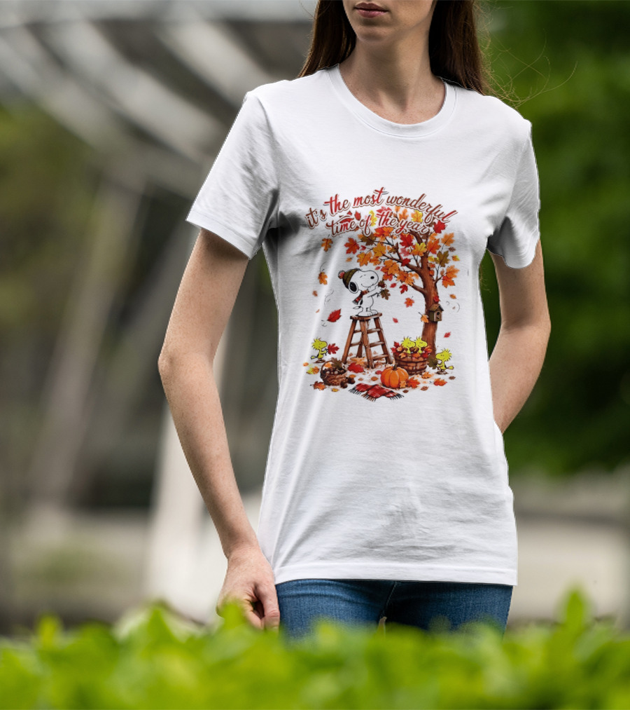 Snoopy It's The Most Wonderful Time Of The Year Autumn Tree Pumpkin Woodstock T-Shirt