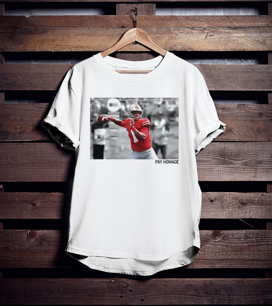 Ohio State Buckeyes NCAA Pay Homage Quarterback Throwing Football Selective Color Photo T-Shirt