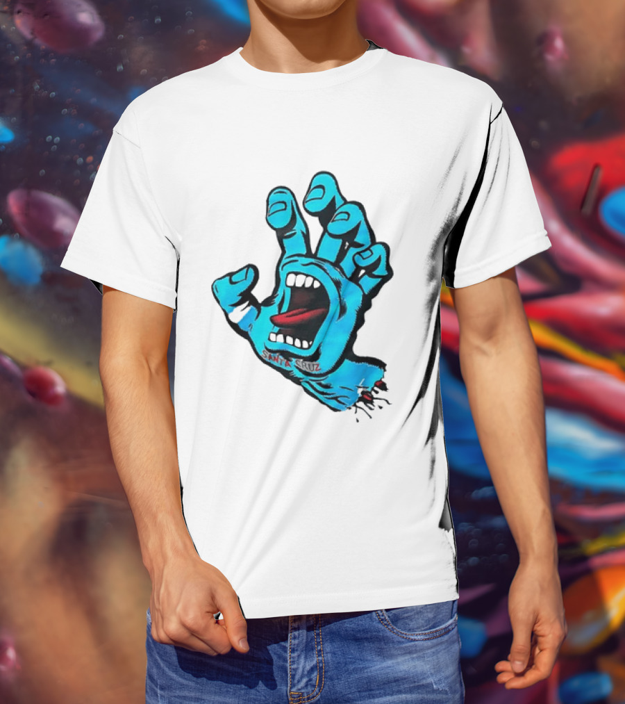 Santa Cruz Blue Screaming Hand Open Mouth Tongue Cartoon T-Shirt