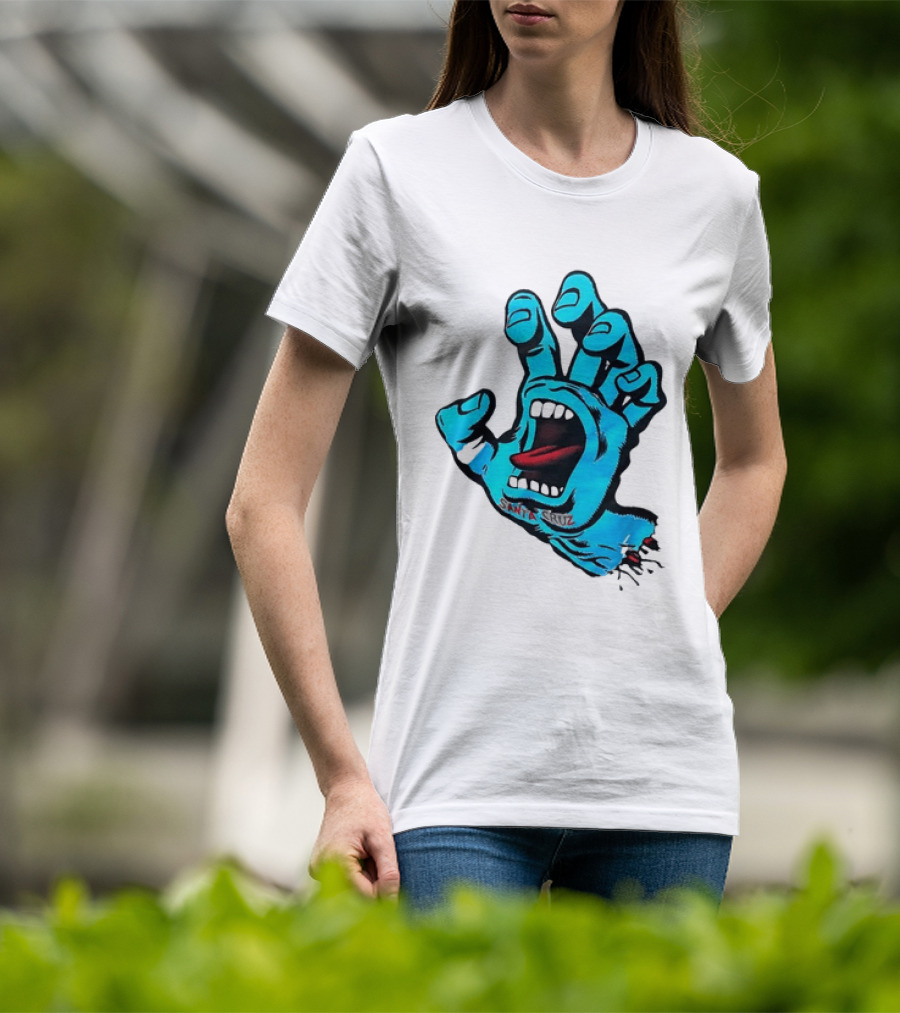 Santa Cruz Blue Screaming Hand Open Mouth Tongue Cartoon T-Shirt