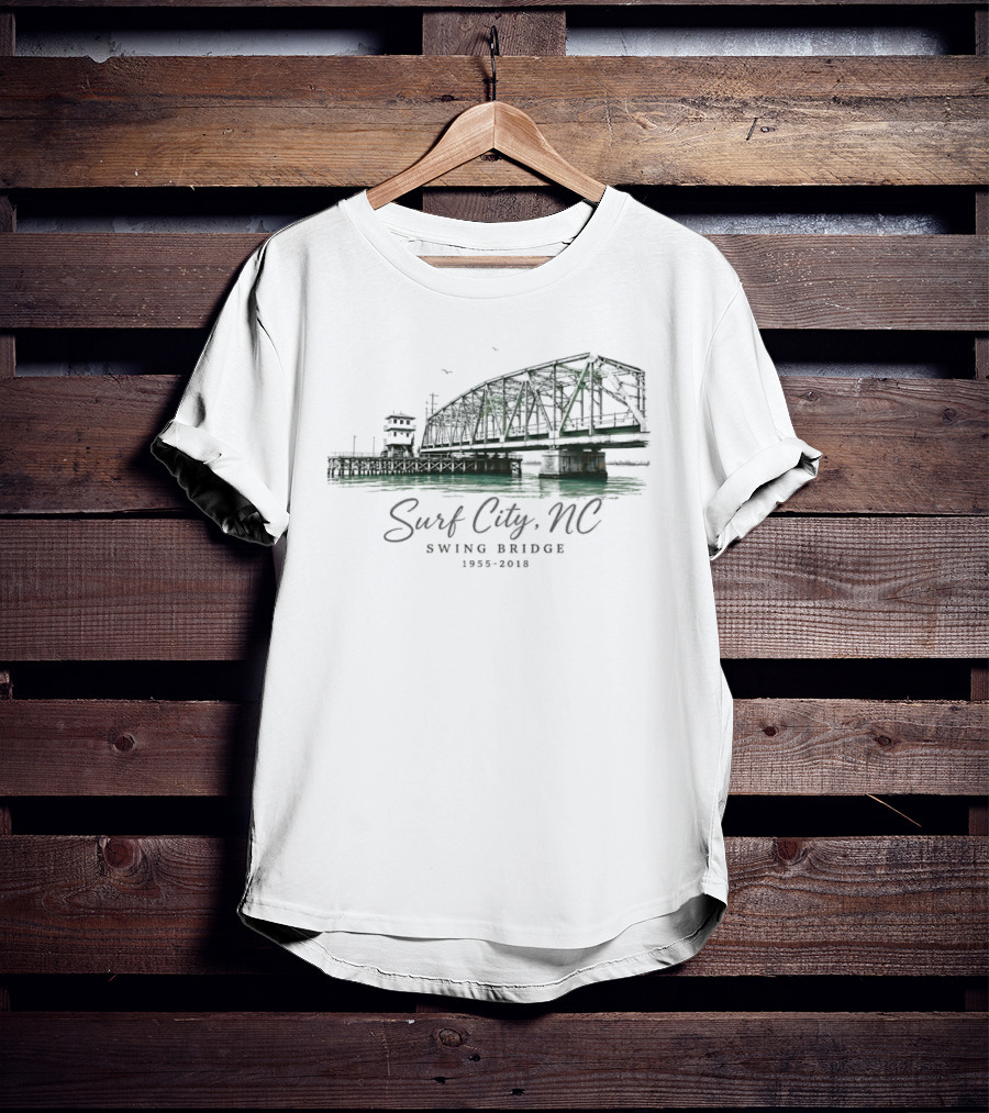 Surf City NC Swing Bridge 1955 2018 Water Birds Coastal Pier Green Watercolor T-Shirt