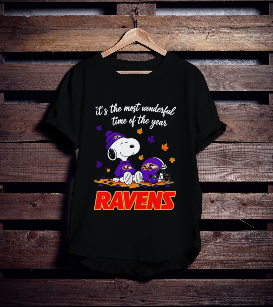 Baltimore Ravens It's The Most Wonderful Time Of Year Snoopy Sitting Leaves Football Helmet T-Shirt