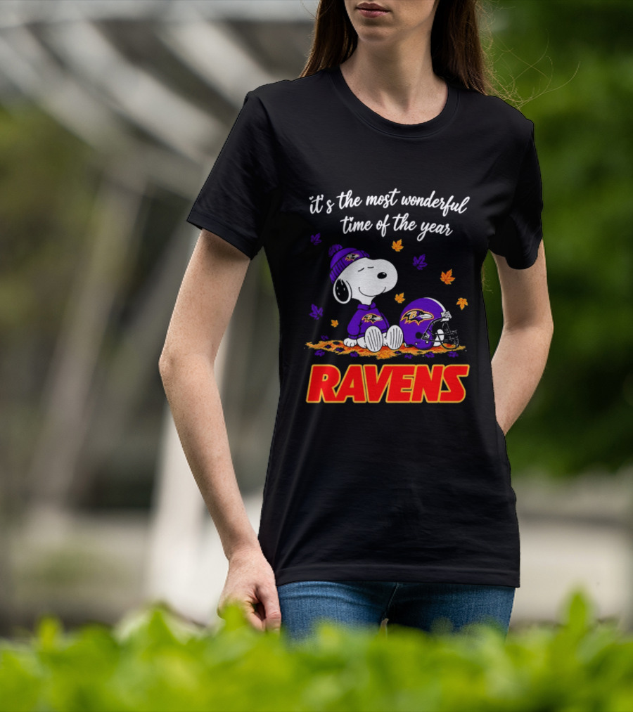 Baltimore Ravens It's The Most Wonderful Time Of Year Snoopy Sitting Leaves Football Helmet T-Shirt