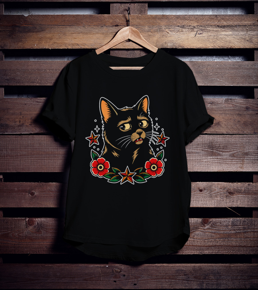 Black Cat Surrounded By Stars And Red Flowers T-Shirt