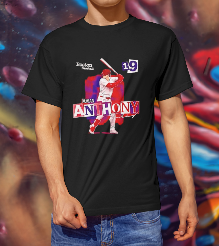 Boston Baseball 19 Roman Anthony Player Batting Red Paint T-Shirt